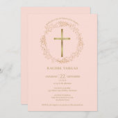 Taufe Christening Blush Pink Gold Cross Bloral Einladung (Vorne/Hinten)