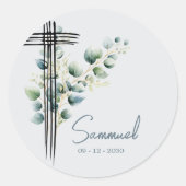 Taufe Christening Boy Modernes Botanisches Kreuz Runder Aufkleber (Vorderseite)