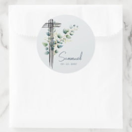 Taufe Christening Boy Modernes Botanisches Kreuz Runder Aufkleber