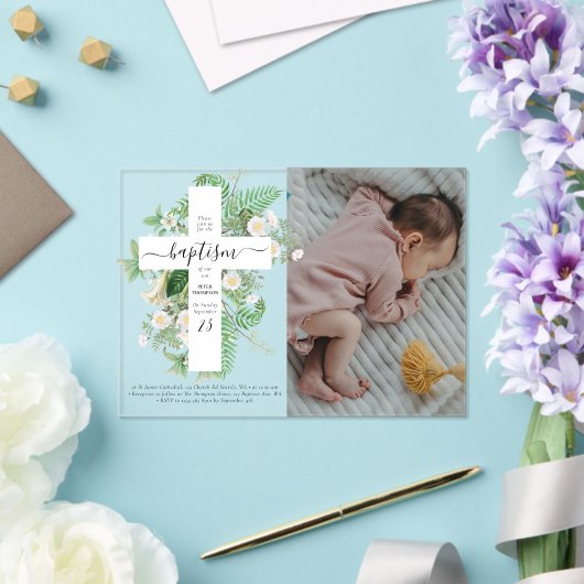 Taufe Christening Cross Green Custom Foto Acryleinladungen (In Situ (Hochzeit))