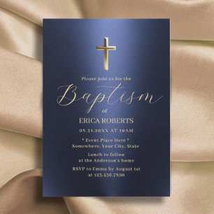 Taufe Christening Cross Moderne Navy Blue & Gold Einladung