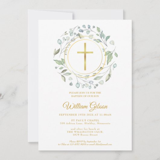Taufe Christening Dusty Blue Garland Gold Cross Einladung (Vorderseite)