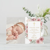Taufe Christening Dusty Rose Blumenkohl Foto Dankeskarte (Stehend Vorderseite)