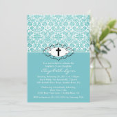 Taufe Christening Einladungen Blue Damask (Stehend Vorderseite)