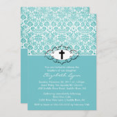 Taufe Christening Einladungen Blue Damask (Vorne/Hinten)