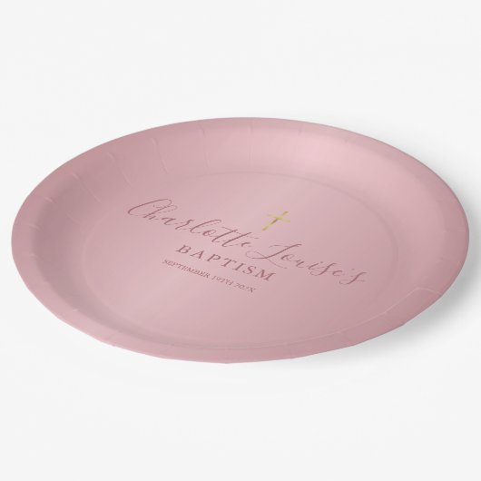 Taufe Christening Elegante Rose Gold Script Pappteller (Schrägansicht)