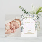 Taufe Christening floral Foliage Foto Gold Dankeskarte (Stehend Vorderseite)