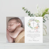 Taufe Christening Floral Garland Foto Dankeskarte (Stehend Vorderseite)