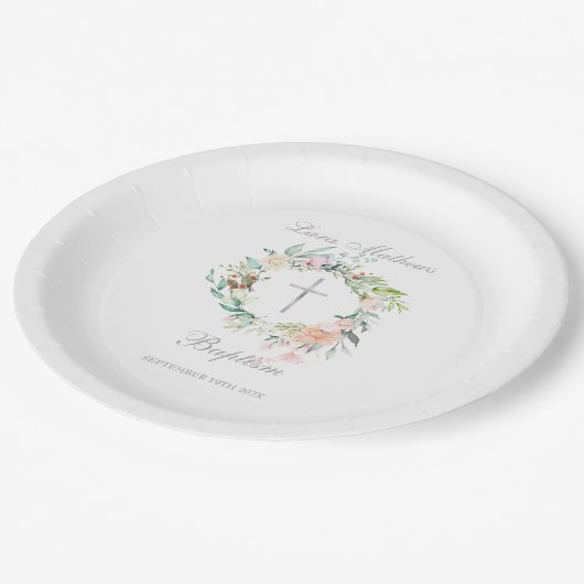 Taufe Christening Floral Silver Cross Pappteller (Schrägansicht)
