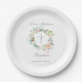 Taufe Christening Floral Silver Cross Pappteller (Vorderseite)