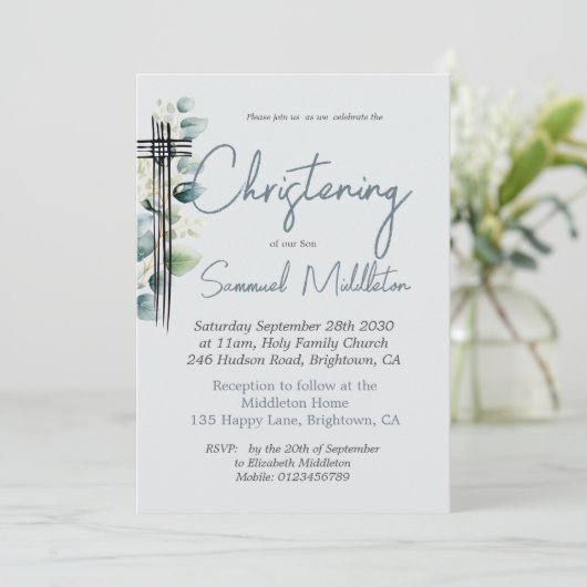 Taufe Christening Foto Male Modern Blue Einladung (Stehend Vorderseite)
