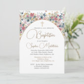 Taufe Christening Foto Rosa florale Religiöse Einladung (Stehend Vorderseite)
