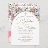 Taufe Christening Foto Rosa florale Religiöse Einladung (Vorne/Hinten)