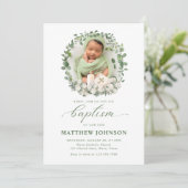 Taufe Christening Foto Rose Bloral Einladung (Stehend Vorderseite)