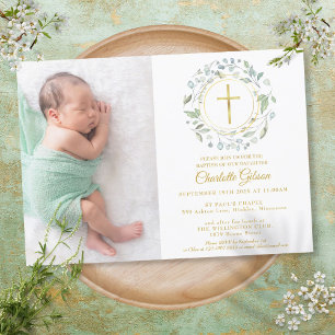 Taufe Christening Garland Gold Cross Foto Einladung
