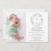 Taufe Christening Garland Silver Cross Foto Einladung (Vorderseite)