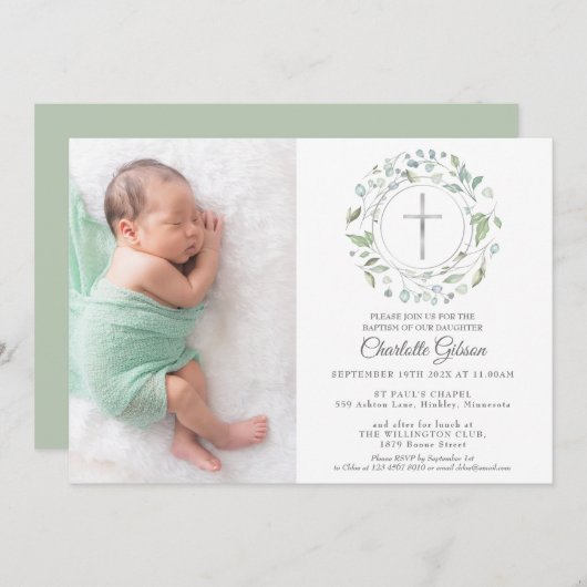 Taufe Christening Garland Silver Cross Foto Einladung (Vorne/Hinten)