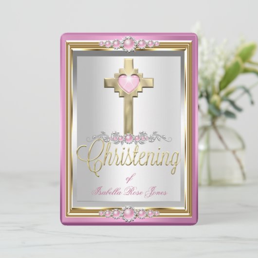Taufe Christening Girls Cross Pink Pearl 2 Einladung (Stehend Vorderseite)