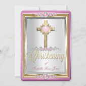 Taufe Christening Girls Cross Pink Pearl 2 Einladung (Vorderseite)