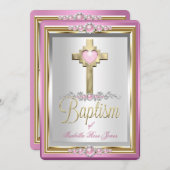 Taufe Christening Girls Cross Pink Pearl Einladung (Vorne/Hinten)