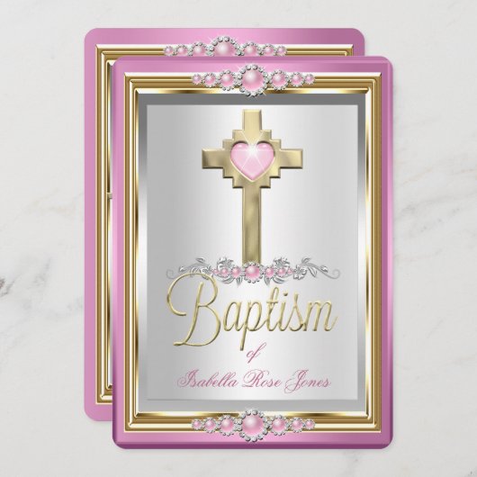 Taufe Christening Girls Cross Pink Pearl Einladung (Vorne/Hinten)