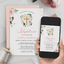Taufe Christening Gold Blush Pink Blumenkreuz Einladung
