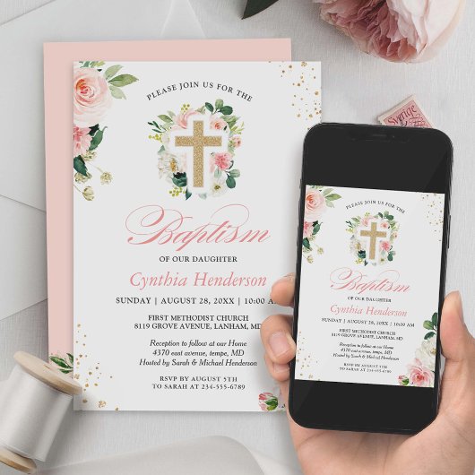 Taufe Christening Gold Blush Pink Blumenkreuz Einladung