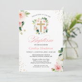 Taufe Christening Gold Blush Pink Blumenkreuz Einladung (Stehend Vorderseite)