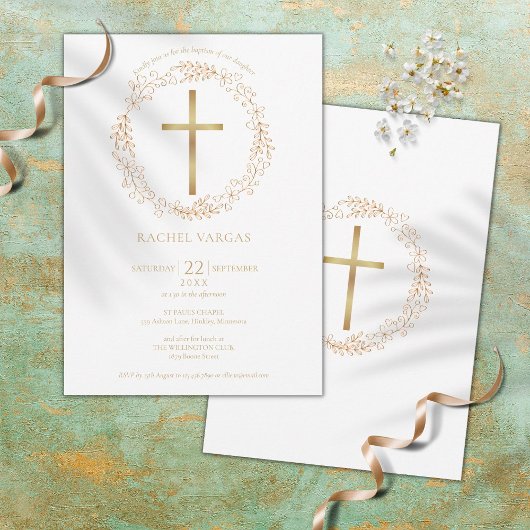 Taufe Christening Gold Cross Bloral Einladung