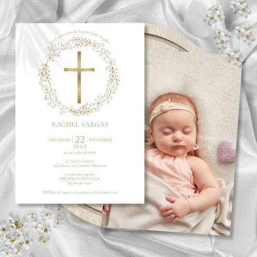 Taufe Christening Gold Cross Bloral Foto Einladung
