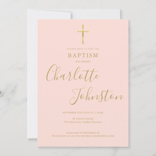 Taufe Christening Gold Cross Blush Pink QR Code Einladung (Vorderseite)