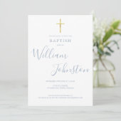 Taufe Christening Gold Cross Dusty Blue QR Code Einladung (Stehend Vorderseite)
