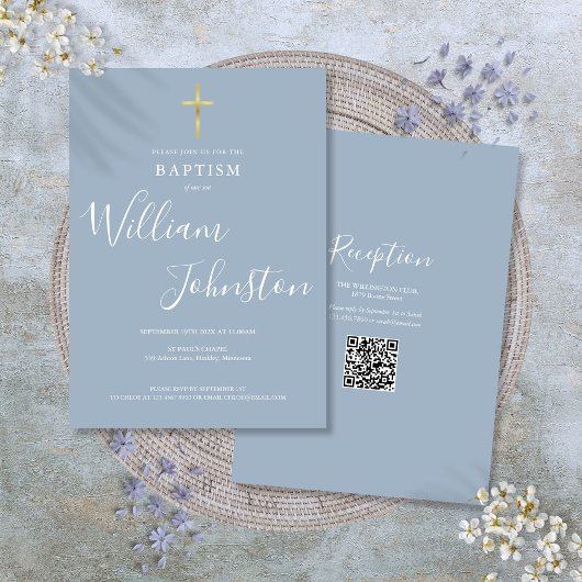 Taufe Christening Gold Cross Dusty Blue QR Code Einladung