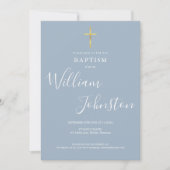 Taufe Christening Gold Cross Dusty Blue QR Code Einladung (Vorderseite)