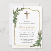 Taufe Christening Gold Cross Elegant Botanisch Einladung (Vorderseite)