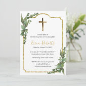 Taufe Christening Gold Cross Elegant Botanisch Einladung (Stehend Vorderseite)