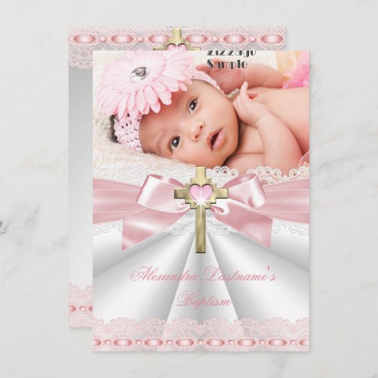 Taufe Christening Gold Cross Girls Pink Einladung (Vorne/Hinten)