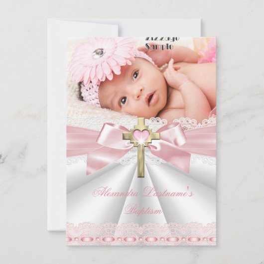 Taufe Christening Gold Cross Girls Pink Einladung (Vorderseite)