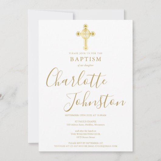 Taufe Christening Gold Cross Signature Script Einladung (Vorderseite)