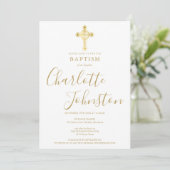 Taufe Christening Gold Cross Signature Script Einladung (Stehend Vorderseite)
