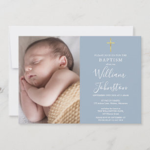 Taufe Christening Gold Kreuz Staubblau Foto Einladung