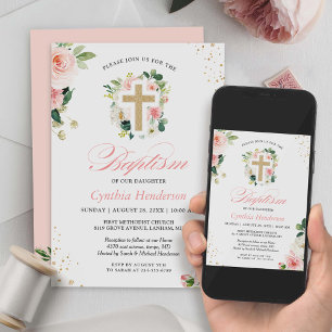 Taufe Christening Gold Rosa Blüten Kreuz Einladung