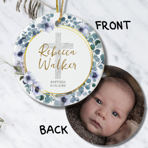Taufe Christening Golden Blaue Eukalyptus Blumen Keramik Ornament