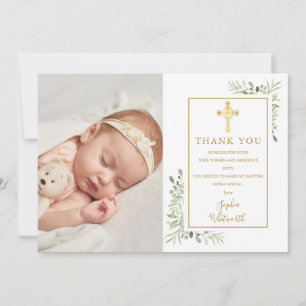 Taufe Christening Goldkreuz Grünpflanzen Foto Dankeskarte