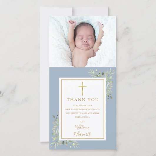 Taufe Christening Greenerity Foto Blue Dankeskarte (Vorderseite)