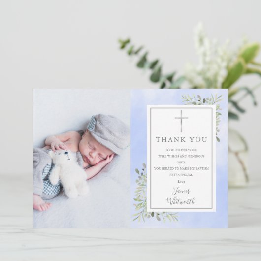 Taufe Christening Greenery Blue Watercolor Foto Dankeskarte (Stehend Vorderseite)