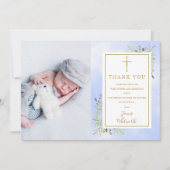 Taufe Christening Greenery Foto Blau Wasserfarbe Dankeskarte (Vorderseite)