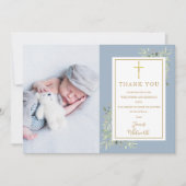 Taufe Christening Greenery Foto Blue Boy Dankeskarte (Vorderseite)