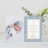 Taufe Christening Greenery Foto Blue Boy Dankeskarte (Stehend Vorderseite)