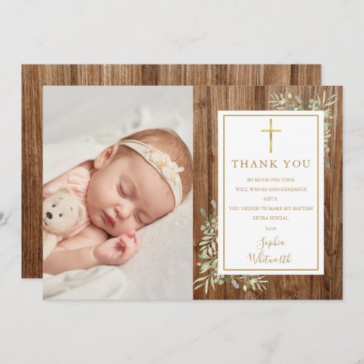 Taufe Christening Greenery Foto Rustikales Holz Dankeskarte (Vorne/Hinten)